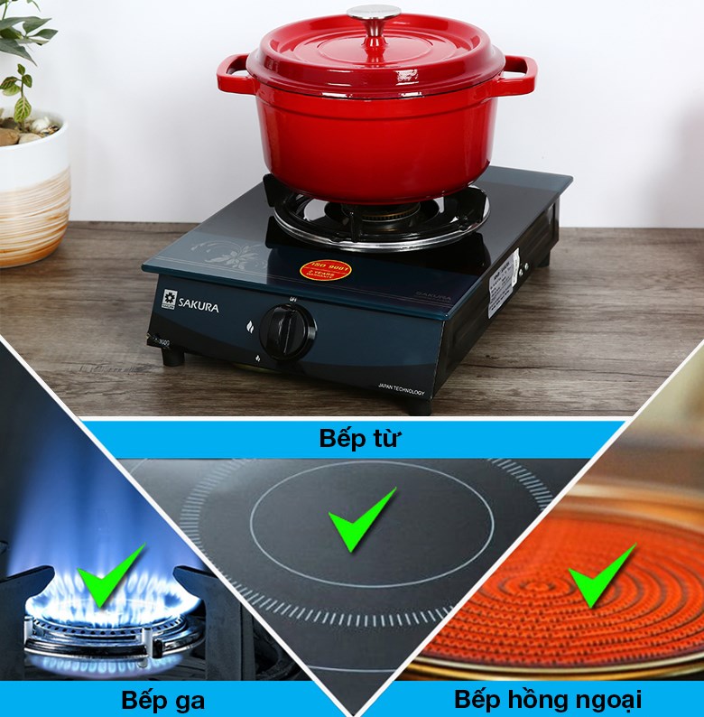 Nồi gang đúc sử dụng được trên bếp ga, bếp hồng ngoại, bếp từ
