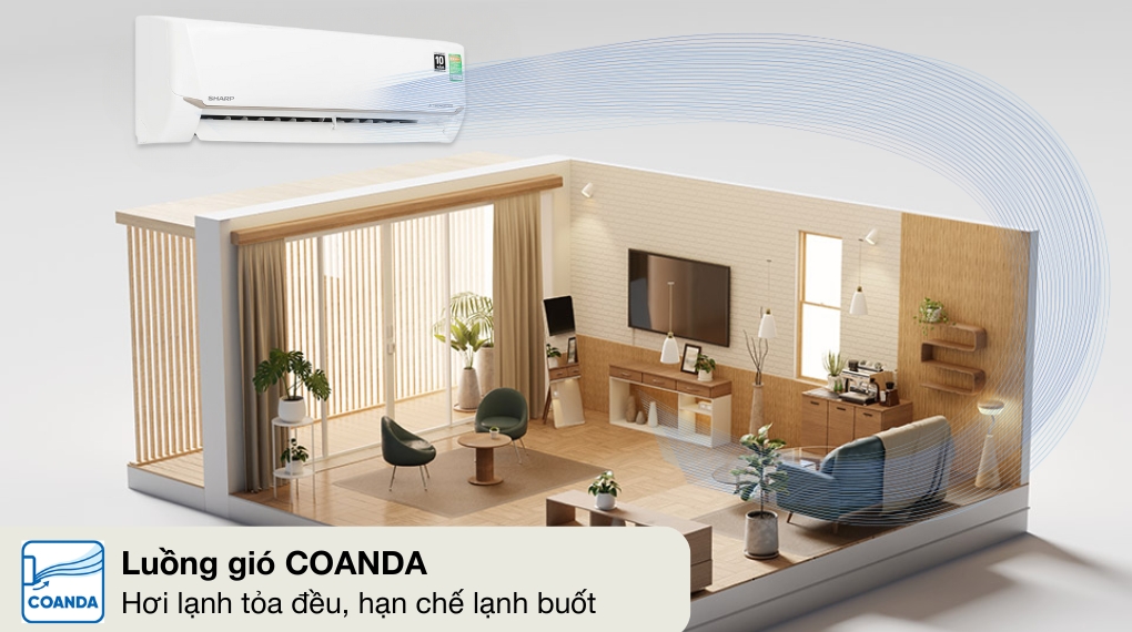 Máy lạnh Sharp Inverter 2 HP AH-X18CEWC được trang bị luồng gió thoải mái Coanda giúp làm mát đồng đều, không gây cảm giác buốt