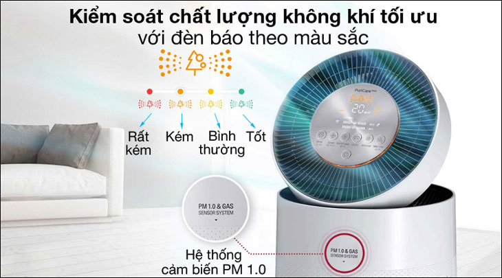 Máy lọc không khí 2 tầng LG PuriCare AS10GDWH0.ABAE 70W được tích hợp cảm biến bụi mịn và đèn LED hiển thị chất lượng không khí theo màu sắc