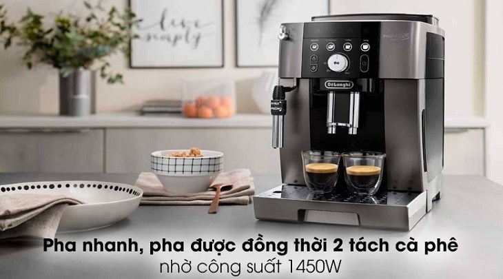 Máy hoạt động có công suất mạnh mẽ lên tới 1450W, có thể pha được đồng thời 2 tách cà phê