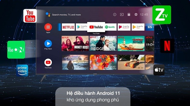 Giao diện hệ điều hành Android 11 đa dạng kho ứng dụng trên Android Tivi Sharp 4K 65 inch 4T-C65EK2X