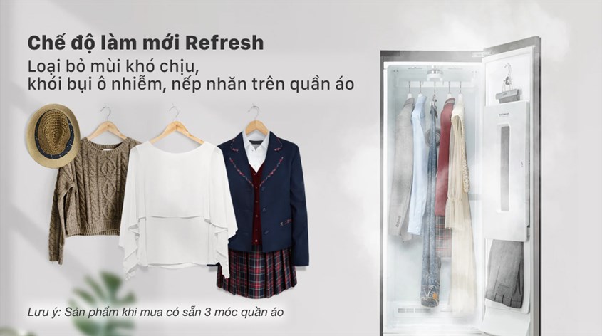 Tủ chăm sóc quần áo thông minh 5 móc LG Styler màu gương kính S5MB giúp loại bỏ nếp nhăn và mùi khó chịu với chương trình làm mới
