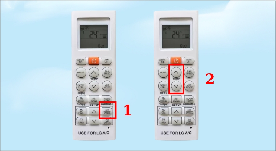 Bấm và giữ nút SET trên remote (thường khoảng 3 đến 5 giây), sau đó điều chỉnh bằng nút tăng, giảm nhiệt độ