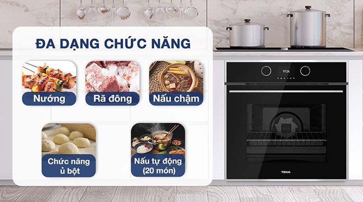 Lò nướng âm Teka được tích hợp chức năng nấu đa dạng, hỗ trợ người dùng thực hiện các món đa dạng
