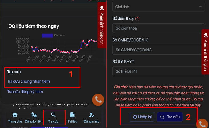 Chọn mục tra cứu chứng nhận tiêm và điền các thông tin yêu cầu, sau đó nhấn tra cứu