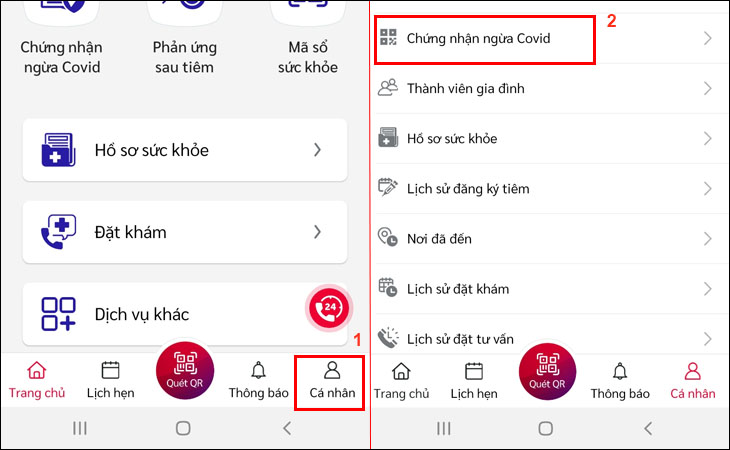 Vào mục cá nhân và chọn chứng nhận ngừa covid