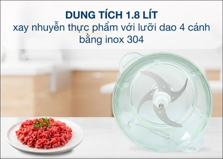 Máy xay thịt đa năng AVA AM6103 có dung lớn 1.8 lít cùng lưỡi dao 4 cánh sắc bén giúp xay nhuyễn thực phẩm dễ dàng