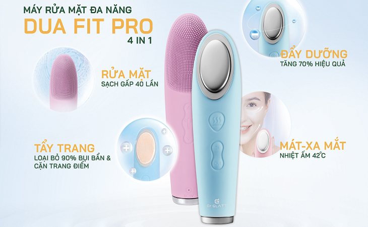 Máy rửa mặt và đẩy tinh chất Dr.Glatt Dua Fit Pro (Màu xanh) có thể loại bỏ 99% bụi bẩn, dầu thừa còn sót lại, giúp làn da của bạn được làm sạch hiệu quả