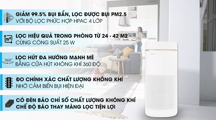 Máy lọc không khí Gree GCF350ASNA 25W sở hữu thiết kế nhỏ gọn, màu trắng tinh tế
