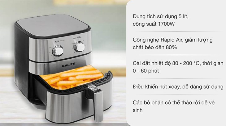Nồi chiên không dầu Kalite Q5 5 lít có dung tích sử dụng 5 lít chiên nướng thuận tiện cho 4 - 6 người dùng