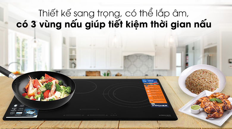 Bếp từ 3 vùng nấu lắp âm Kocher DI-855GE với mặt kính Ceramic - Schott Ceran chịu nhiệt, tiện lau chùi