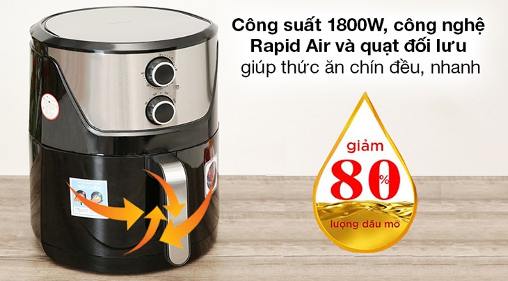 Nồi chiên không dầu Perfect PF-625 6 lít sở hữu công nghệ Rapid Air giúp thức ăn chín đều và giảm 80% lượng mỡ