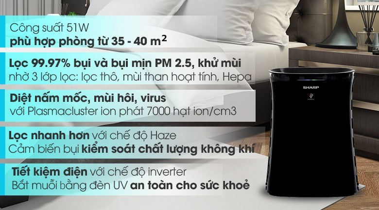 Máy lọc không khí Sharp FP-GM50E-B 51W với tính năng lọc khí hiện đại