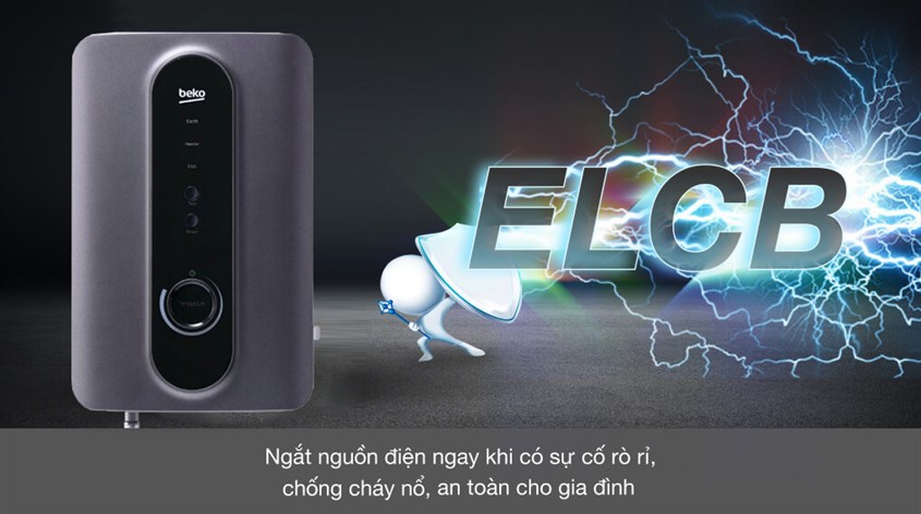 Máy nước nóng trực tiếp Beko 4500W BWI45S3D-224 sở hữu ELCB có khả năng tự ngắt kết nối khi xảy ra sự cố rò điện