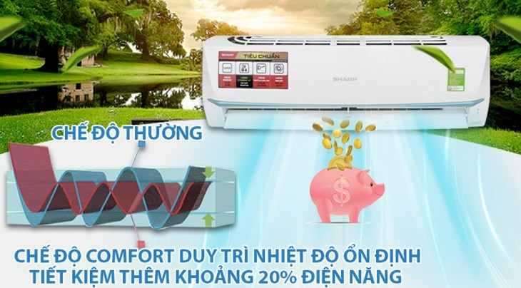 Điều hòa Sharp 1 HP AH-A25UEW trang bị chế độ Comfort tạo luồng khí lạnh thoải mái với nhiệt độ ổn định mà vẫn có thể tiết kiệm điện năng đáng kể