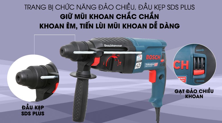 Máy khoan búa điện Bosch GBH 2-26 DRE 800W giữ mũi khoan ổn định, chắc chắn với đầu kẹp SDS Plus