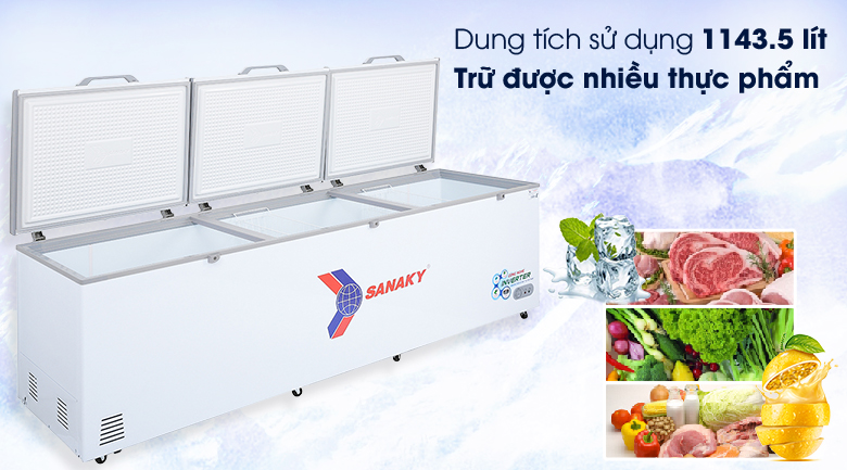 Tủ đông Sanaky Inverter 1143.5 lít VH-1399HY3 có dung tích lớn, đáp ứng mọi nhu cầu sử dụng