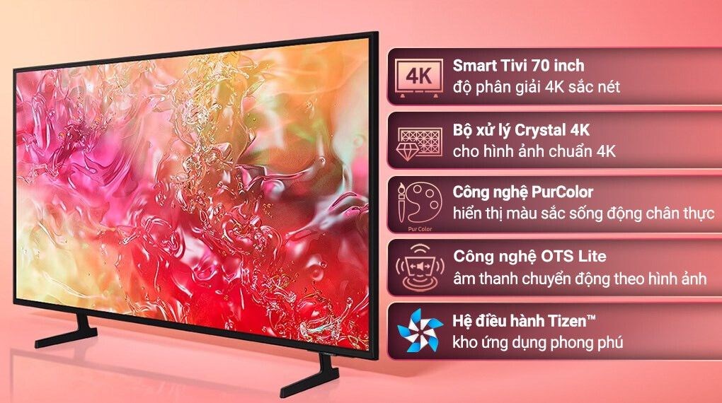 Smart Tivi Crystal UHD Samsung 4K 70 inch UA70DU7000 với thiết kế siêu mảnh hiện đại