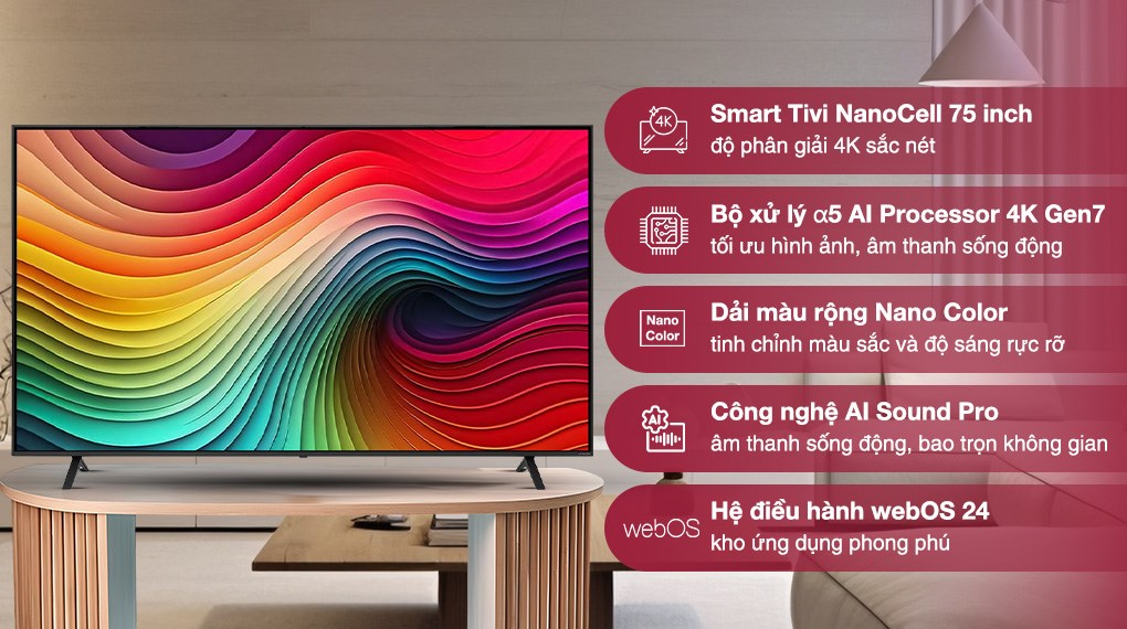 Smart Tivi NanoCell LG AI 4K 75 inch 75NANO81TSA với thiết kế màn hình mỏng 4 cạnh tinh tế, sang trọng