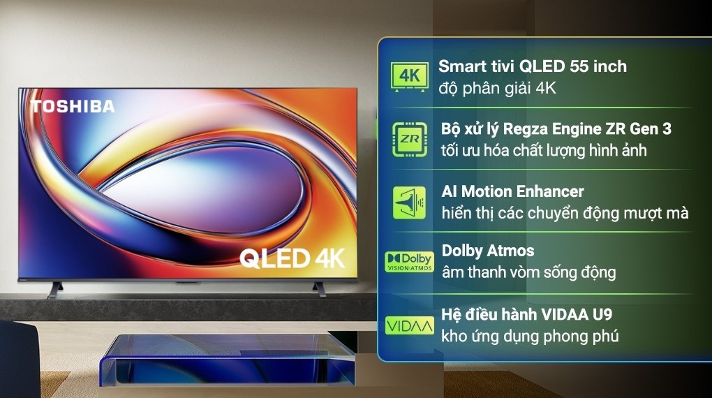 Smart Tivi QLED Toshiba AI 4K 55 inch 55M450RP thiết kế tinh giản, màn hình phẳng, viền mỏng cùng màu đen sang trọng