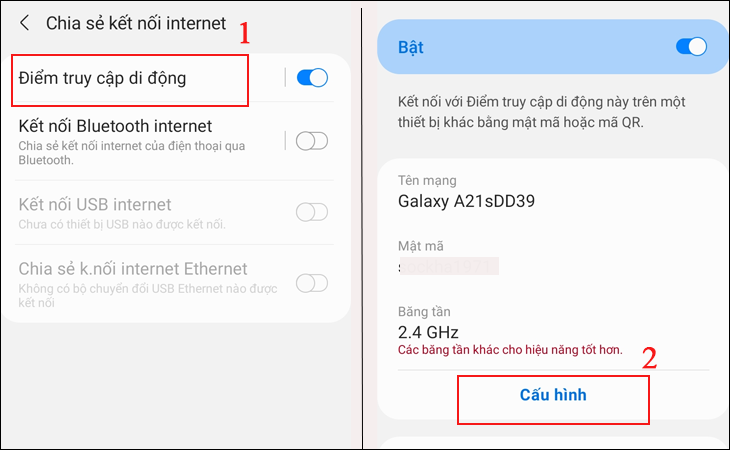 Bạn hãy nhấn tiếp vào điểm truy cập di động > chọn Cấu hình.