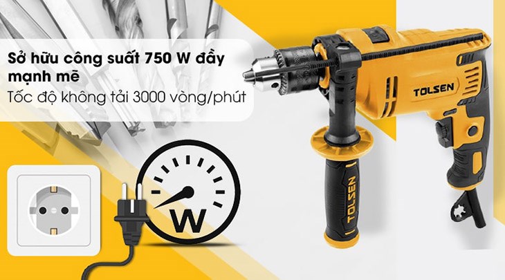 Máy khoan búa điện Tolsen 79505 750W nâng cao năng suất nhờ công suất 750W mạnh mẽ và tốc độ không tải 3000 vòng/phút