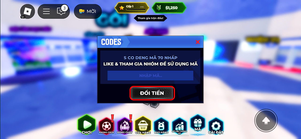 Cách nhập Code Blue Lock Rivals > Nhập Code > Nhấn Đổi tiền
