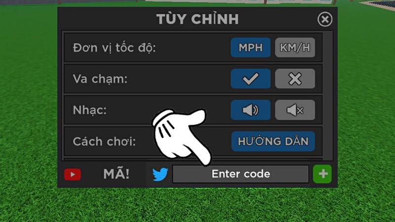 Chi tiết cách nhập code Car Dealership Tycoon mới nhất: chọn ô Enter code trong phần cài đặt