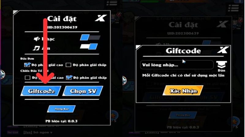 Nhập mã giftcode chính xác vào ô trống và bấm nút Xác nhận