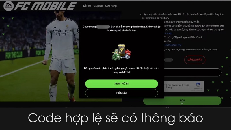 Hệ thống sẽ báo thành công nếu Code FC Mobile hợp lệ
