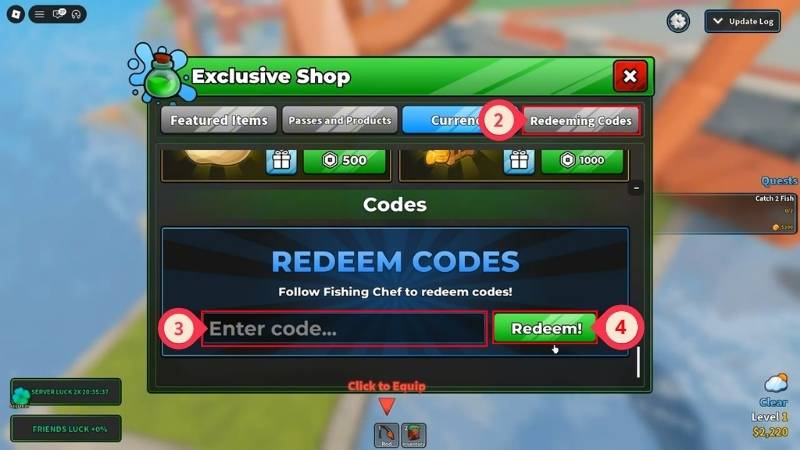 Chi tiết cách nhập code Fishing Chef mới nhất: nhập giftcode trong tab Codes và bấm Redeem để nhận quà
