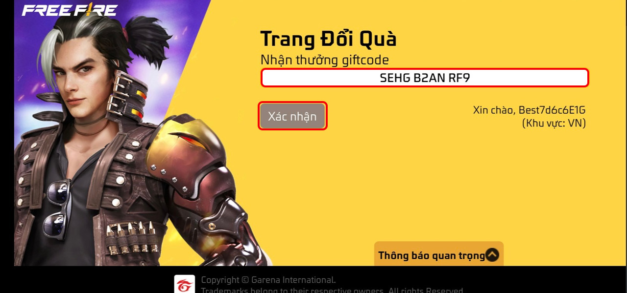 Cách nhập code Free Fire: Nhập code > Nhấn Xác nhận