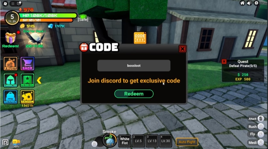 Chi tiết cách nhập code Fruit Reborn mới nhất: nhập giftcode vào ô trống và bấm Redeem để nhận Gems