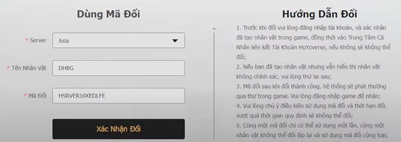Chọn máy chủ và nhân vật sau đó nhập mã code Honkai Star Rail