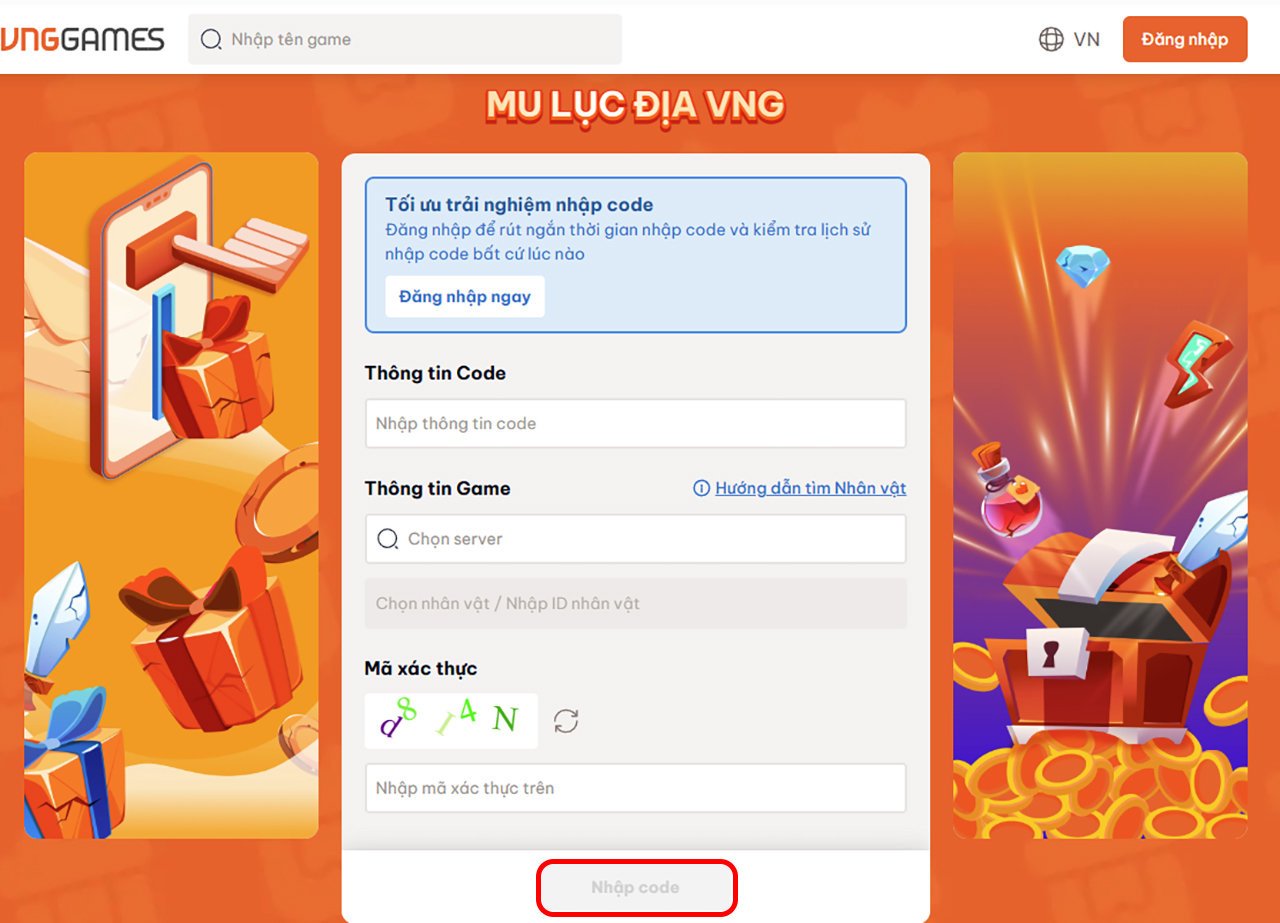 Điền đầy đủ thông tin và nhập mã code MU Lục Địa VNG