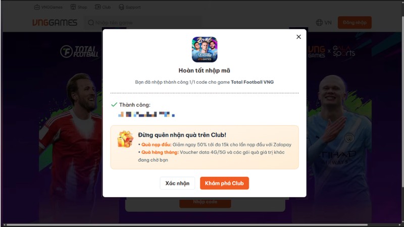Cách nhập code Total Football VNG