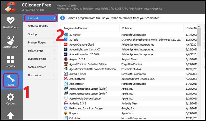 Bước 1: Chọn Tools > Chọn mục Uninstall.