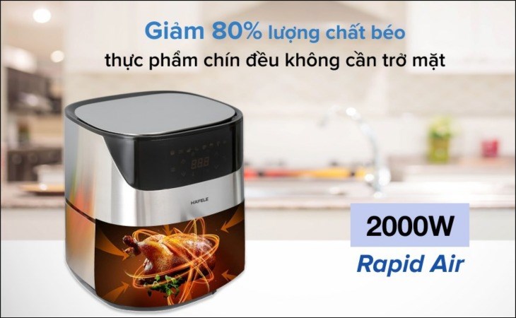 Nồi chiên không dầu Hafele AF-T5A (535.43.712) 5 lít giúp người dùng giảm tối đa 80% lượng chất béo khi thực hiện các món chiên nướng