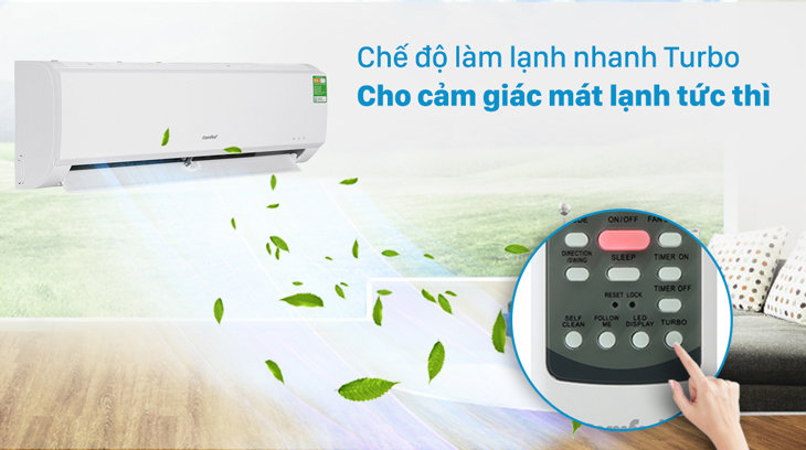 Máy lạnh Comfee 1 HP SIRIUSB-9E được trang bị chế độ làm lạnh nhanh tức thì Turbo đem đến làn gió mát thời gian ngắn không cần phải chờ đợi lâu.