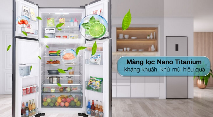 Tủ lạnh Hitachi Inverter 540 lít R-FW690PGV7 GBK trang bị công nghệ hử khuẩn Nano Titanium giúp bầu không khí bên trong tủ luôn tươi mát