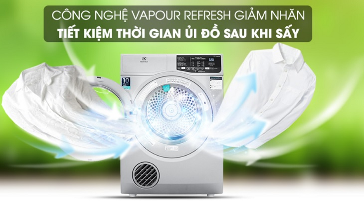 Công nghệ Vapour Care trên máy sấy thông hơi Electrolux 8 Kg EDS805KQSA giúp quần áo giảm nhăn và chống xoắn rối, tiết kiệm thời gian ủi đồ