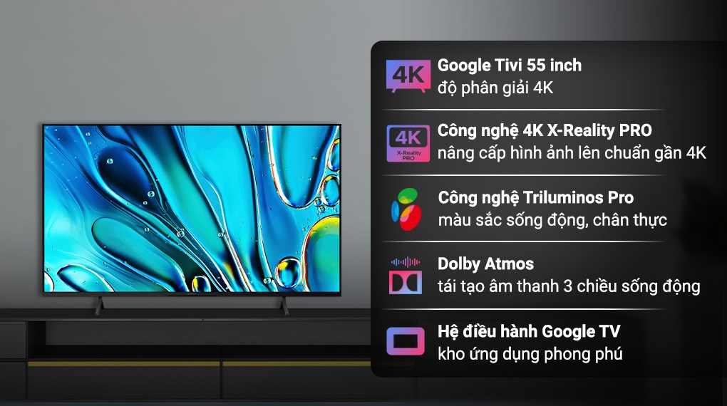 Google Tivi Sony 4K Bravia 3 được trang bị bộ xử lý 4K HDR Processor X1 mang đến hình ảnh chi tiết, công nghệ âm thanh vòm Dolby Atmos sống động
