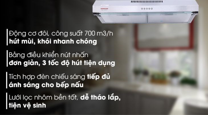 Máy hút mùi âm tủ Sunhouse SHB6118I có chiều ngang x cao x sâu lần lượt là  69.5 x 13.5  x 47 cm