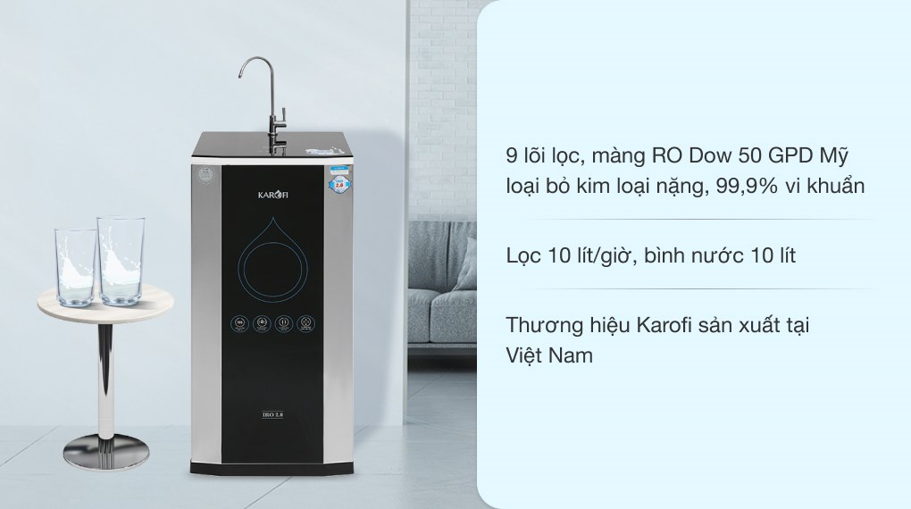 Máy lọc nước RO Karofi K9IQ 2.0 9 lõi có khả năng lọc lên đến 10 lít/giờ, cung cấp nước tinh khiết thoải mái cho cả gia đình sử dụng