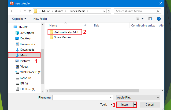 Nếu chọn Audio on My PC, bạn chọn mục Music > Chọn file âm thanh muốn chèn > Nhấn Insert