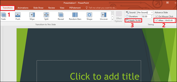 Tại mục Transitions > Tích chọn After và điều chỉnh thời gian mong muốn > Chọn Apply To All