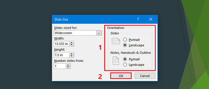 Trong mục Orientation, bạn chọn Portrait (thẳng đứng) hoặc Lanscape (nằm ngang) > Chọn OK