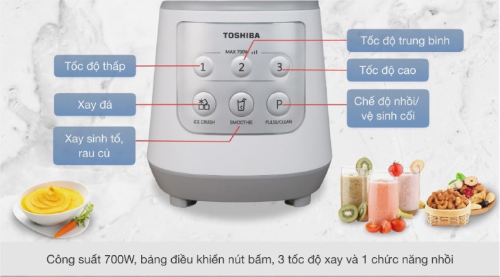 Máy xay sinh tố đa năng Toshiba BL-70PR2NV được tích hợp nhiều chế độ xay, cho người dùng nấu ăn đa dạng, tiện lợi hơn