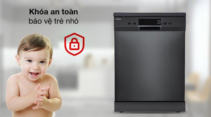 Máy rửa chén độc lập Hafele HDW-F60EB (538.21.310) trag bị khóa trẻ em giúp khóa toàn bộ bàn phím chức năng khi kích hoạt