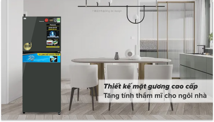 Thiết kế ngăn đá trên tiện lợi, cửa tủ mặt gương soi đẹp mắt